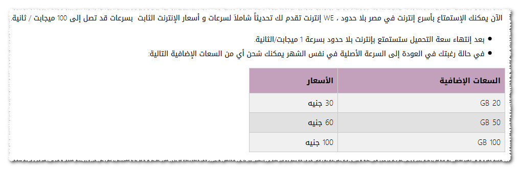 اسعار الباقات الاضافية من تى داتا